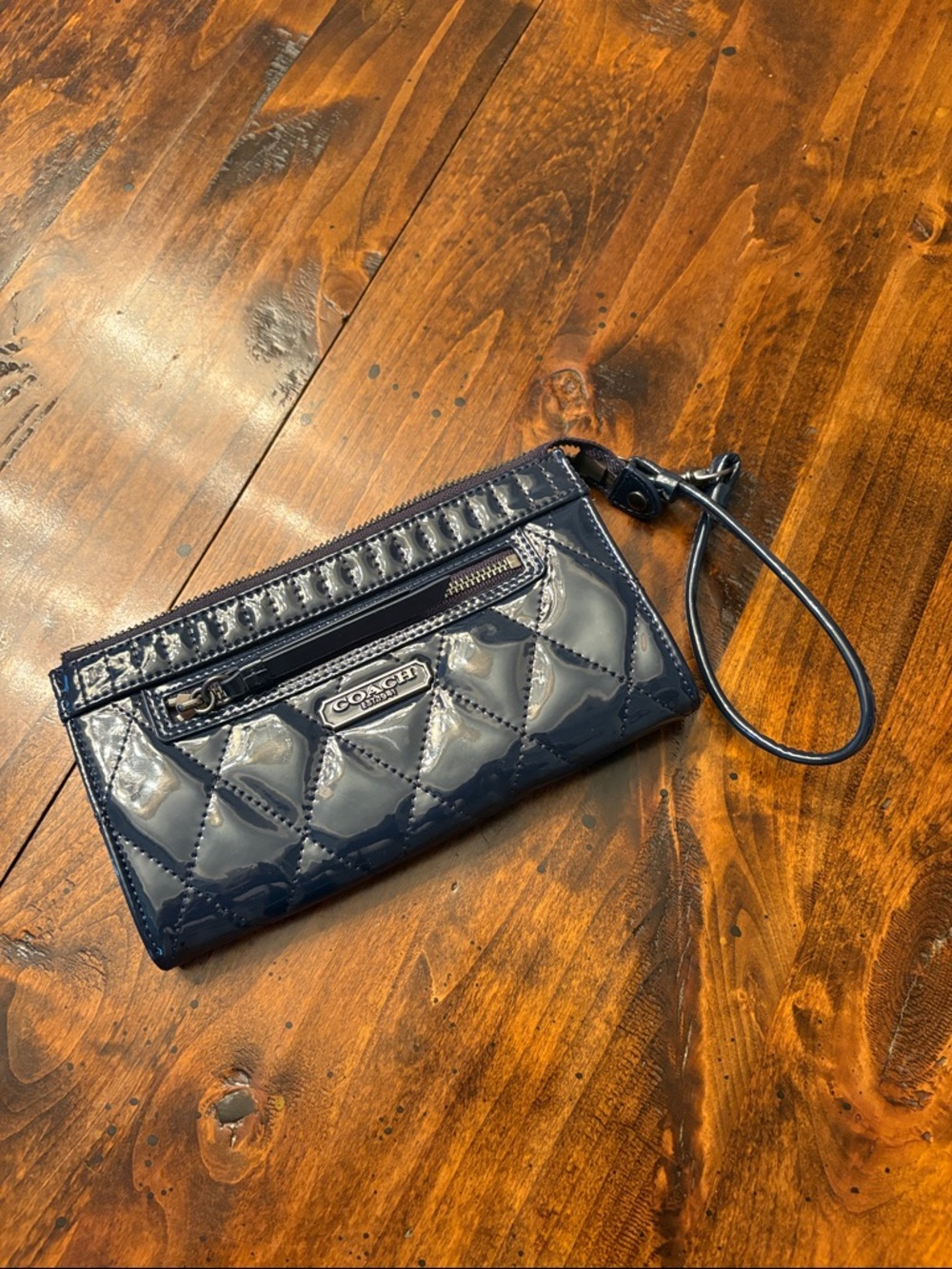 Coach Quilted Patent Wristlet in Deep Navy